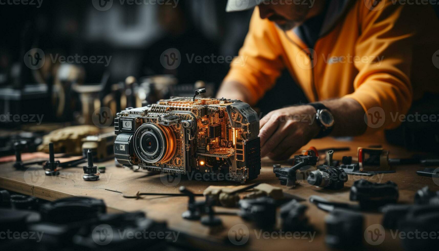 Handwerker Werkstatt alt Holz Tisch, schmutzig Werkzeug, Verbrennung Flamme  generiert durch ai 25490773 Stock-Photo bei Vecteezy