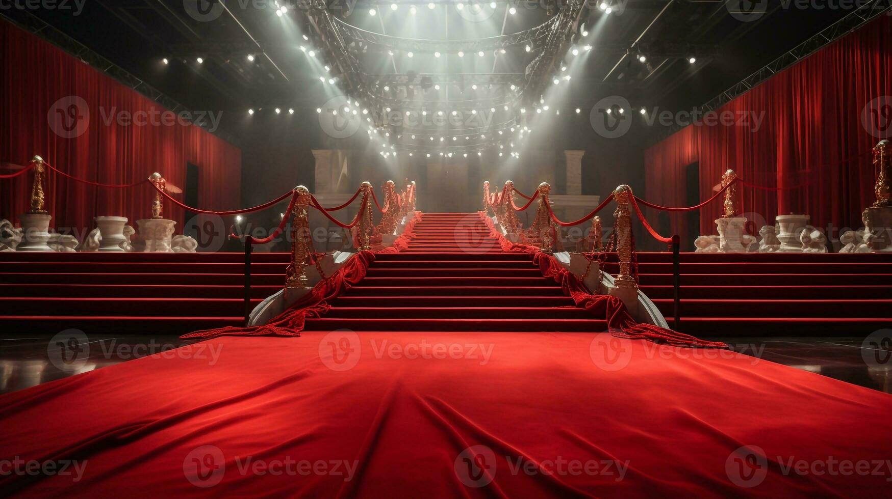 Reihen von Menschen Gehen auf rot Teppich im Theater, Film Premiere, Bühne oder Show Konzept generativ ai foto