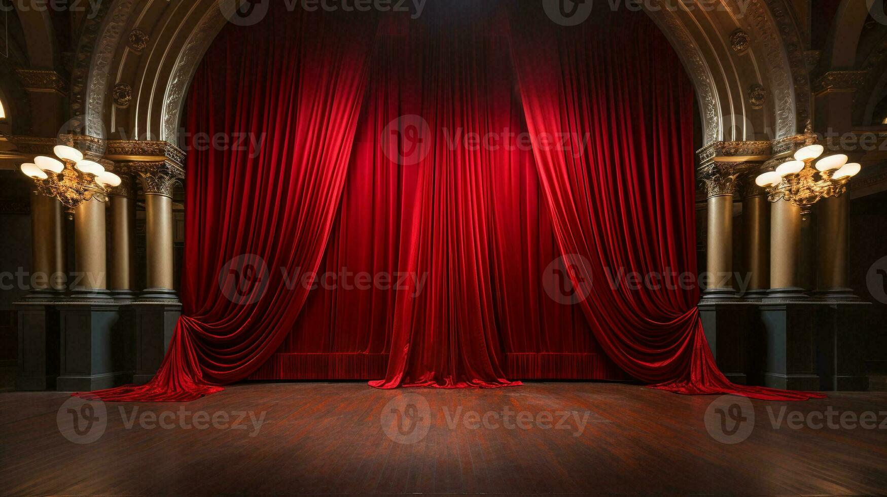 dramatisch zündete glänzend rot Samt Theater Vorhänge und hölzern Bühne Boden. generativ ai. foto
