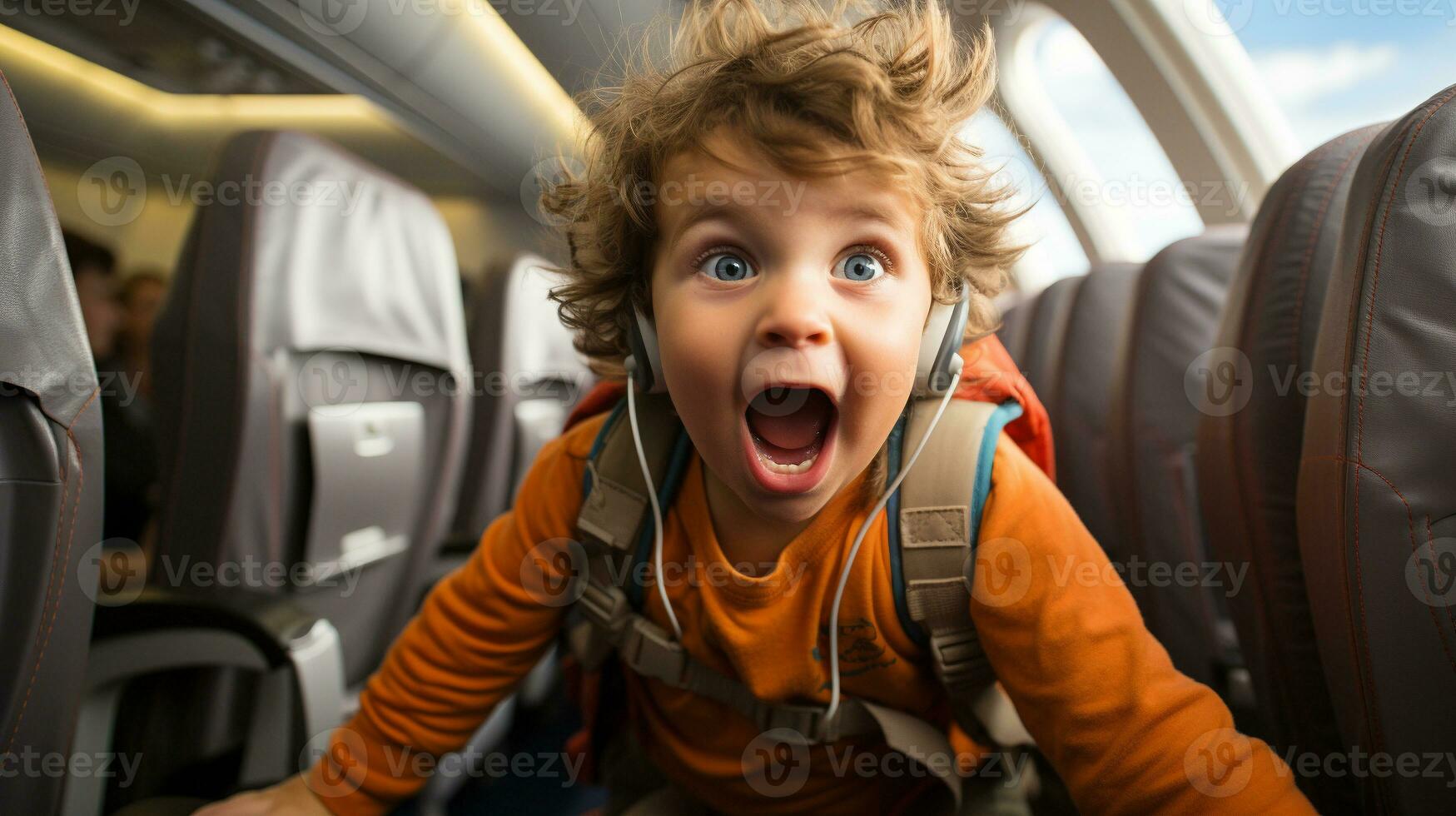 wütend Kind verursachen Chaos auf ein Flugzeug störend jedermann auf Tafel. generativ ai. foto