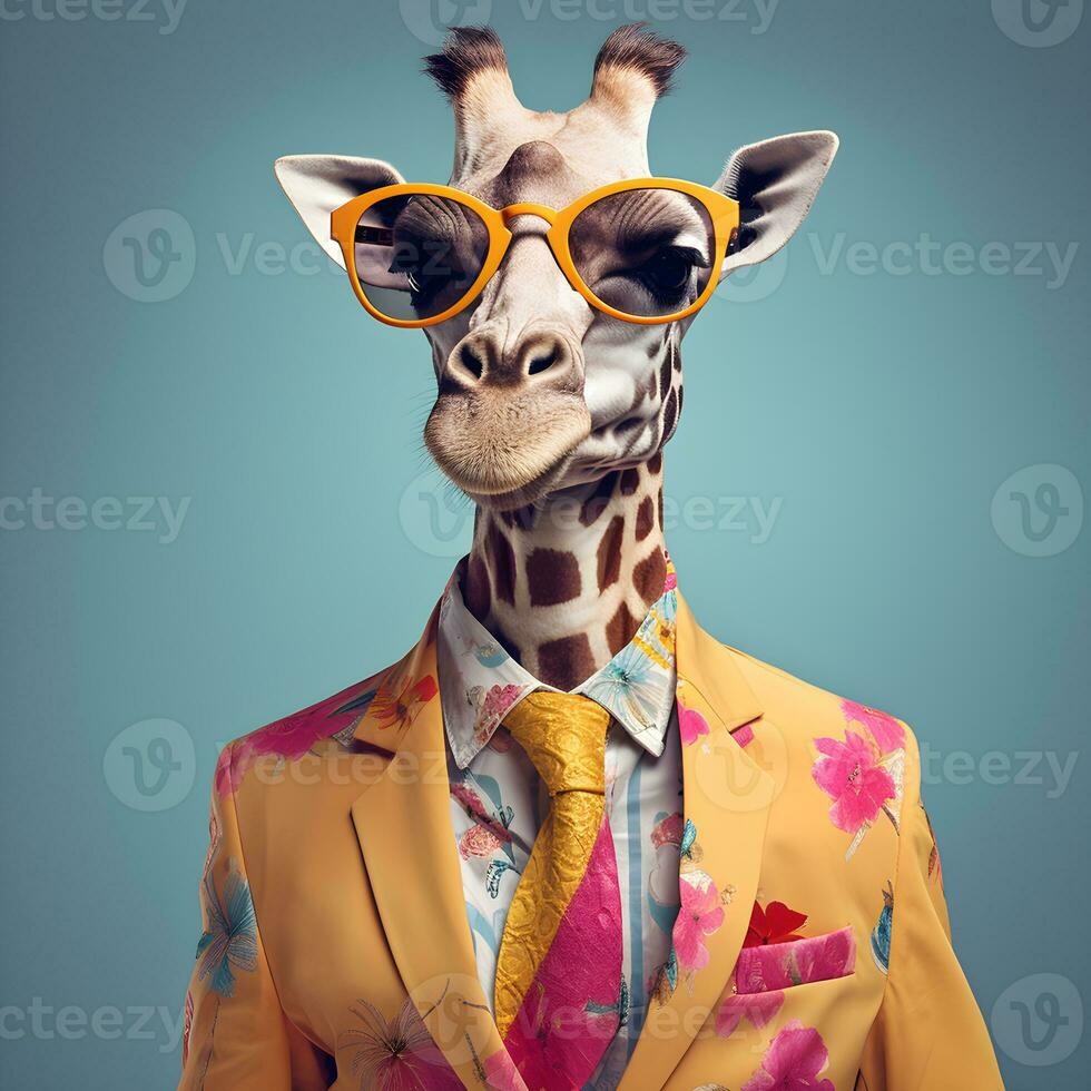 das cool Giraffe tragen passen Kleider und Gläser, modern Hintergrund. Konzept modisch Tiere. generativ ai. foto