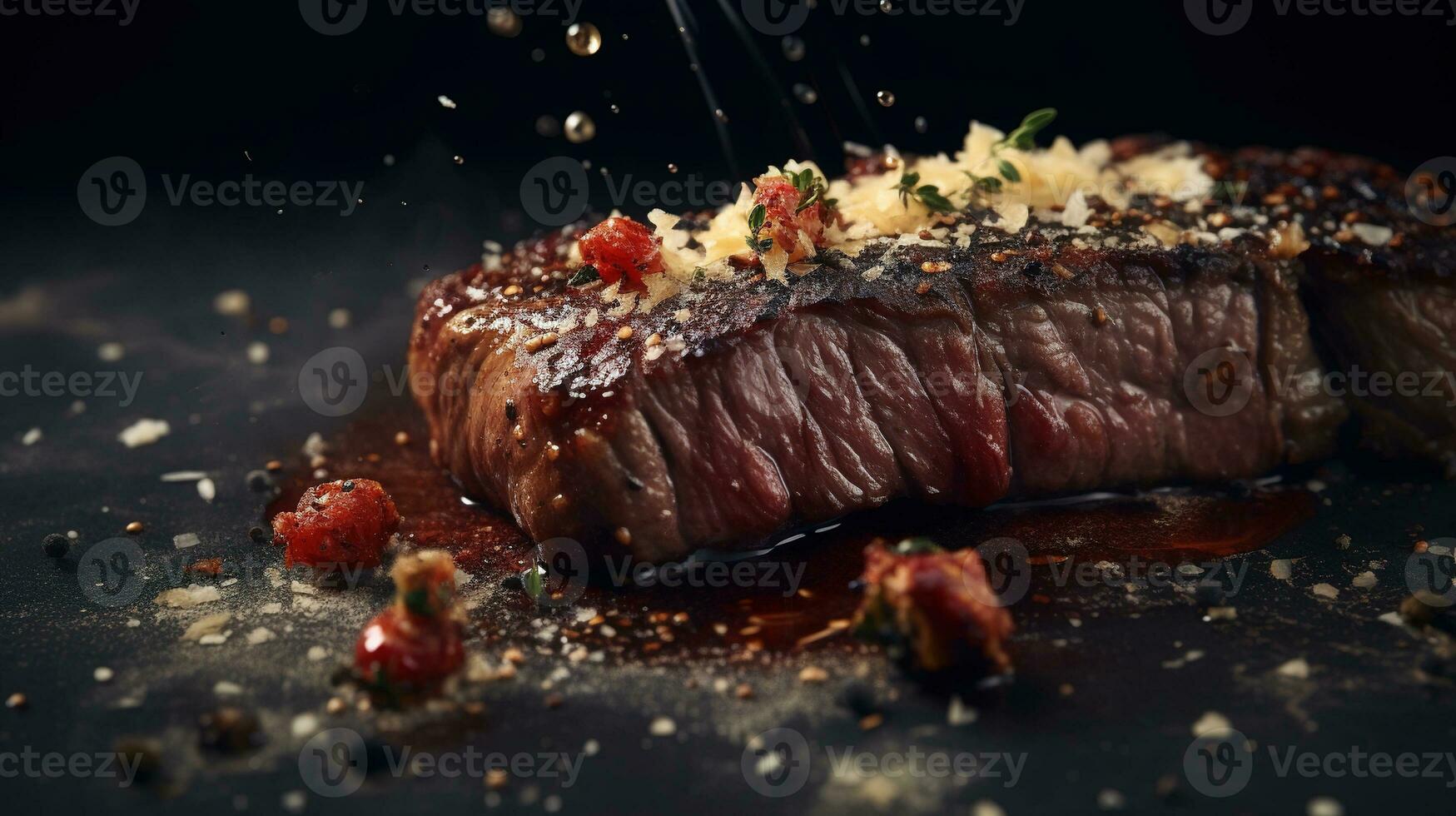 generativ ai, gegrillt Rindfleisch Steak auf das Tabelle mit Kräuter und Gewürze, schließen oben Makro Foto, ästhetisch stumm geschaltet Farben foto