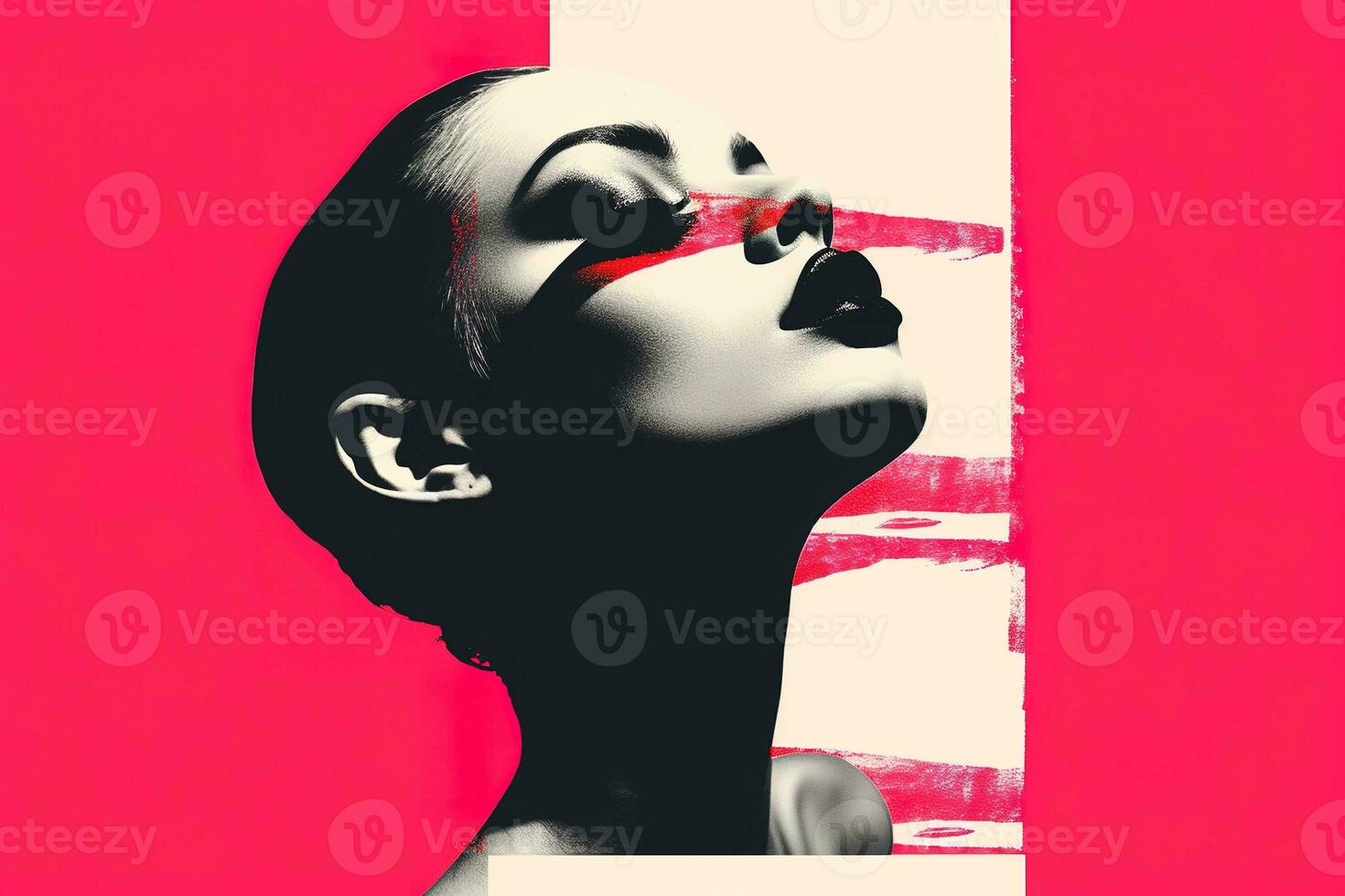 generativ ai, Poster mit Mode Frau Gesicht im Risograph und Panne Stil, lebendig Farben foto