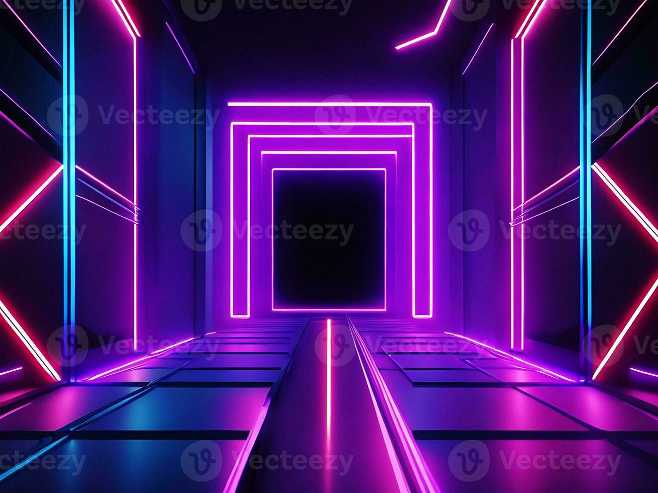 3d machen, abstrakt Neon- Licht Hintergrund mit Fußboden Betrachtung, ai generieren foto