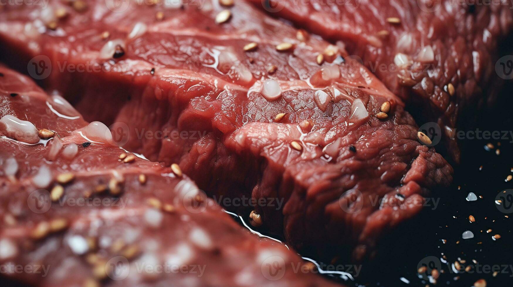 generativ ai, roh frisch Rindfleisch Steak auf das Tabelle mit Kräuter und Gewürze, schließen oben Makro Foto, ästhetisch stumm geschaltet Farben foto