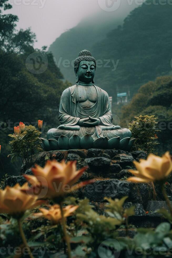 Buddha Statue im das Berge, mit Lotus Blumen, natürlich Beleuchtung, natürlich Umfeld. generativ ai foto