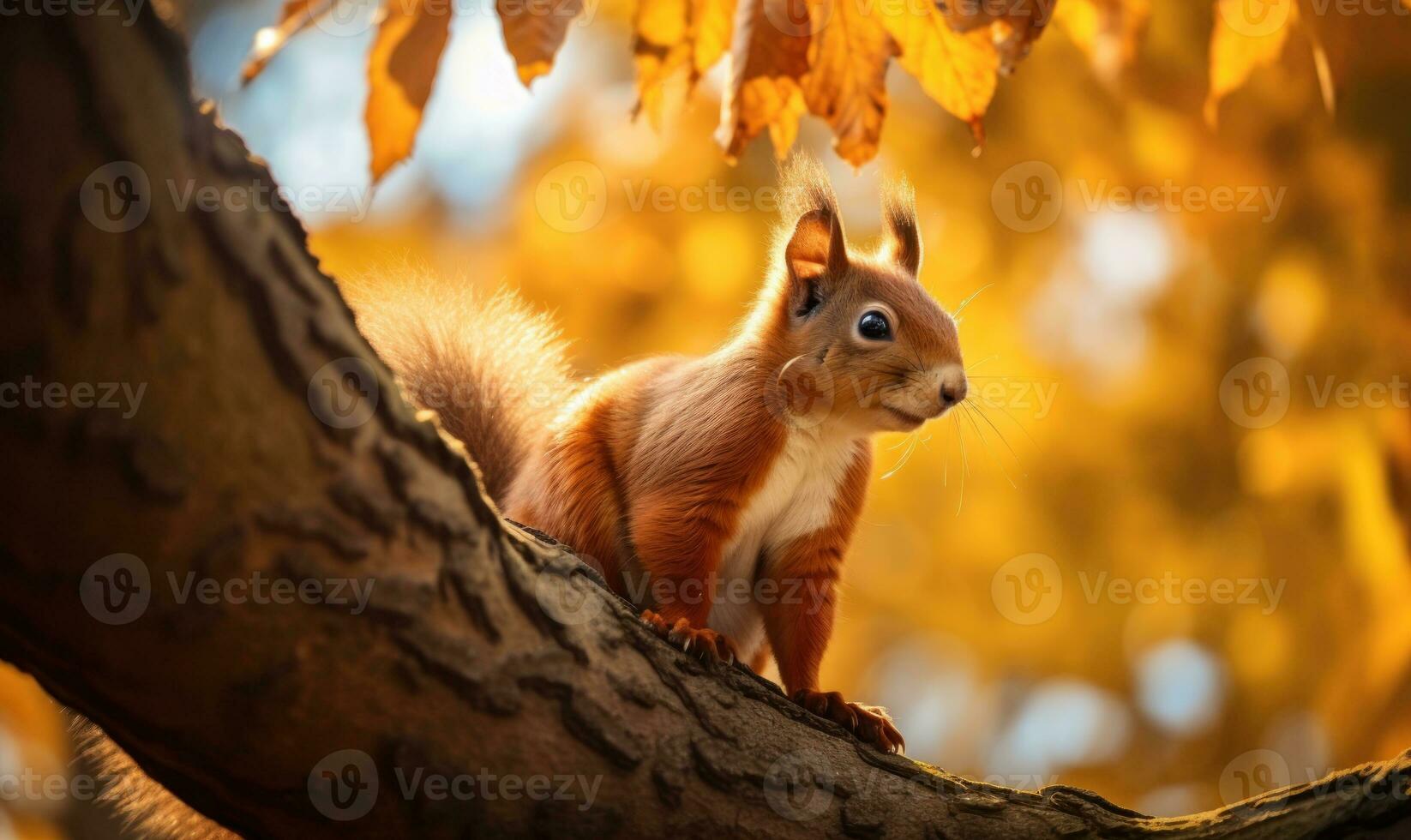 Eichhörnchen im das Baumwipfel auf ein warm Herbst Tag ai generiert foto