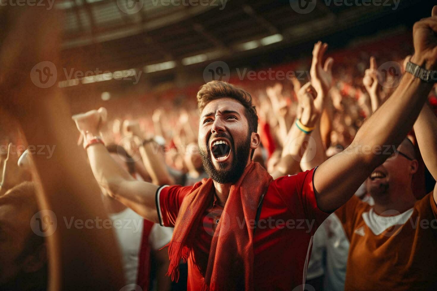 aufgeregt Sport Fans feiern und Jubel ihr Mannschaft im Stadion. Fußball Fans Aufpassen Fußball passen. Sport, Mensch Emotionen, Unterhaltung Konzept. generativ ai. foto