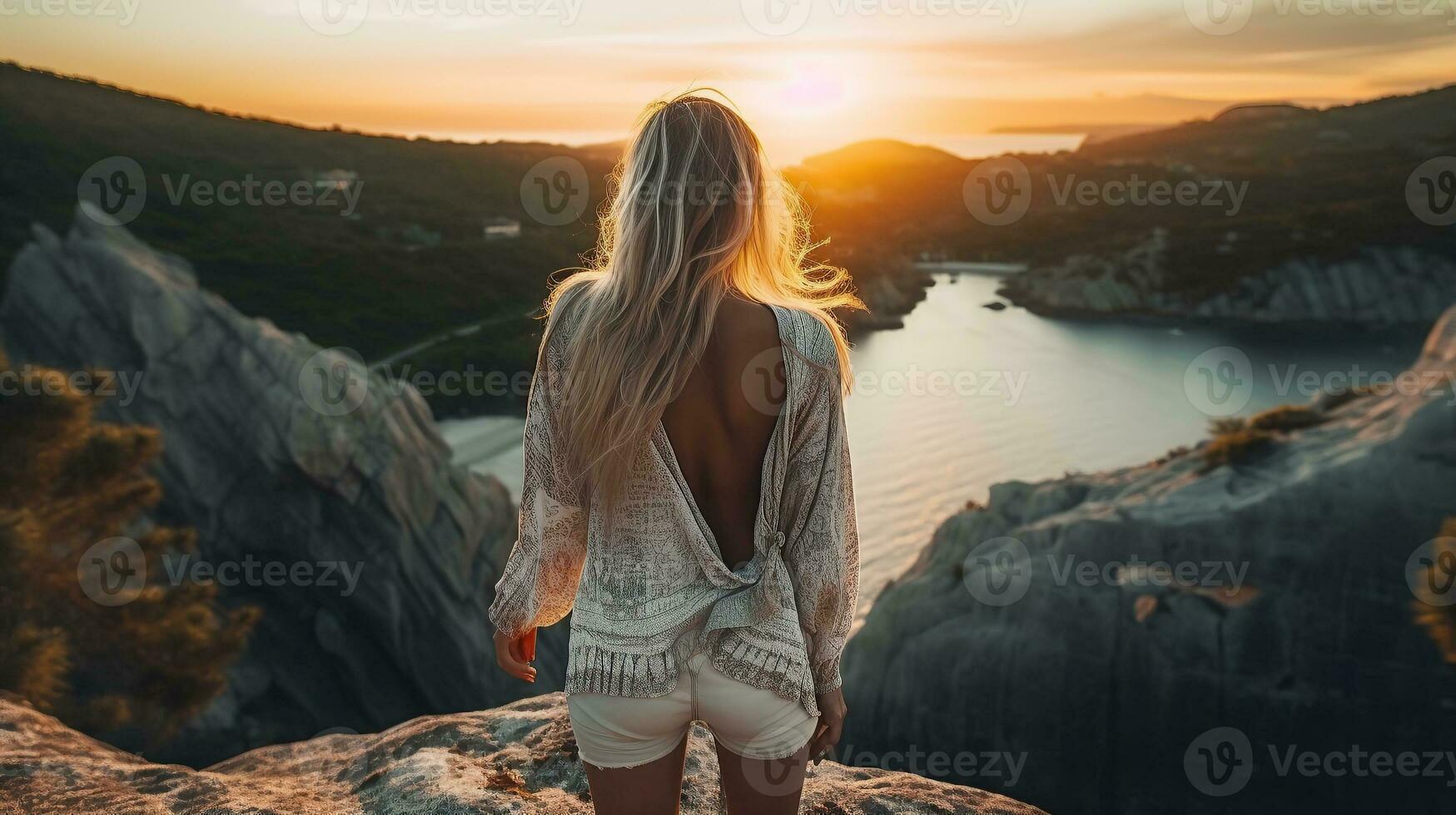 Frau Stehen auf oben von Cliff beim Sonnenuntergang generativ ai foto