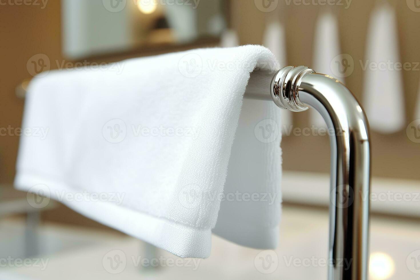 ein Nahansicht von ein makellos Weiß Handtuch hängend auf ein poliert Metall Stange generativ ai foto
