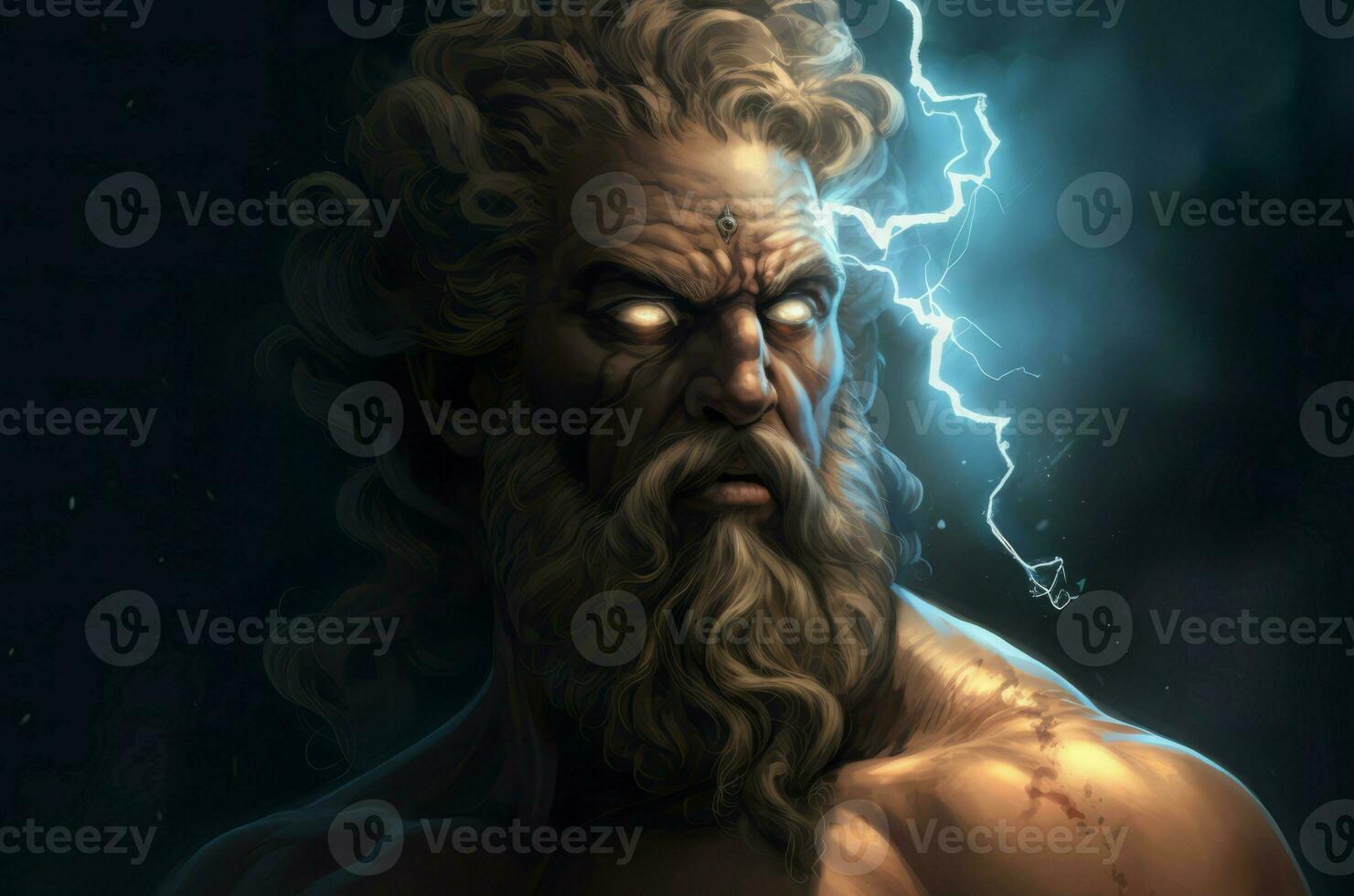 Zeus griechisch Gott Porträt mit Licht Augen. generieren ai foto