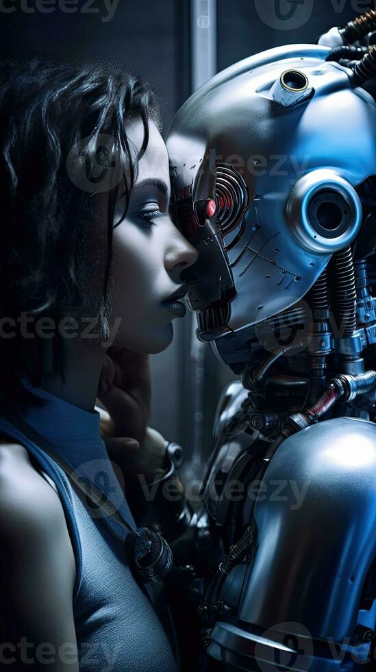 Cyberpunk Charaktere küssen, Liebe von Zukunft Konzept. generativ ai. foto
