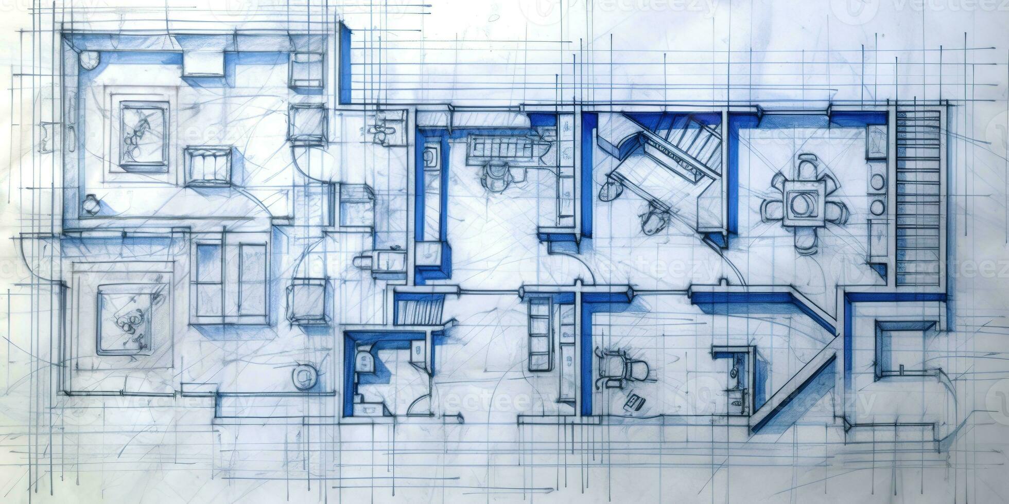 generativ ai, Blau drucken Fußboden planen, architektonisch Hintergrund, technisch zeichnen foto