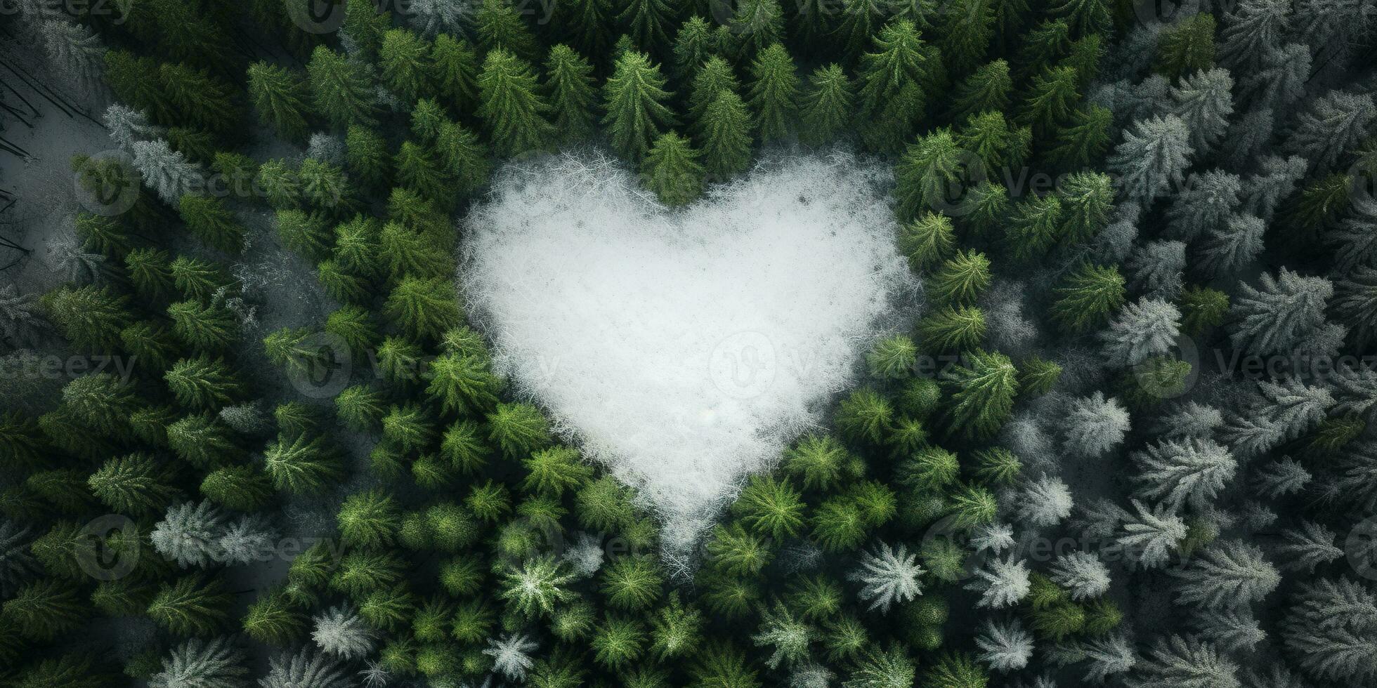 generativ ai, neblig Winter Tanne Wald mit Herz Form, schön Landschaft im Hipster Jahrgang retro Stil, immergrün Bäume mit Show foto