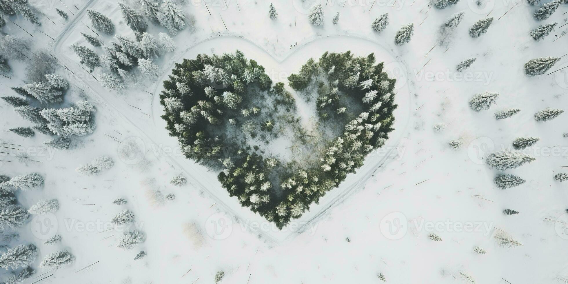 generativ ai, neblig Winter Tanne Wald mit Herz Form, schön Landschaft im Hipster Jahrgang retro Stil, immergrün Bäume mit Show foto