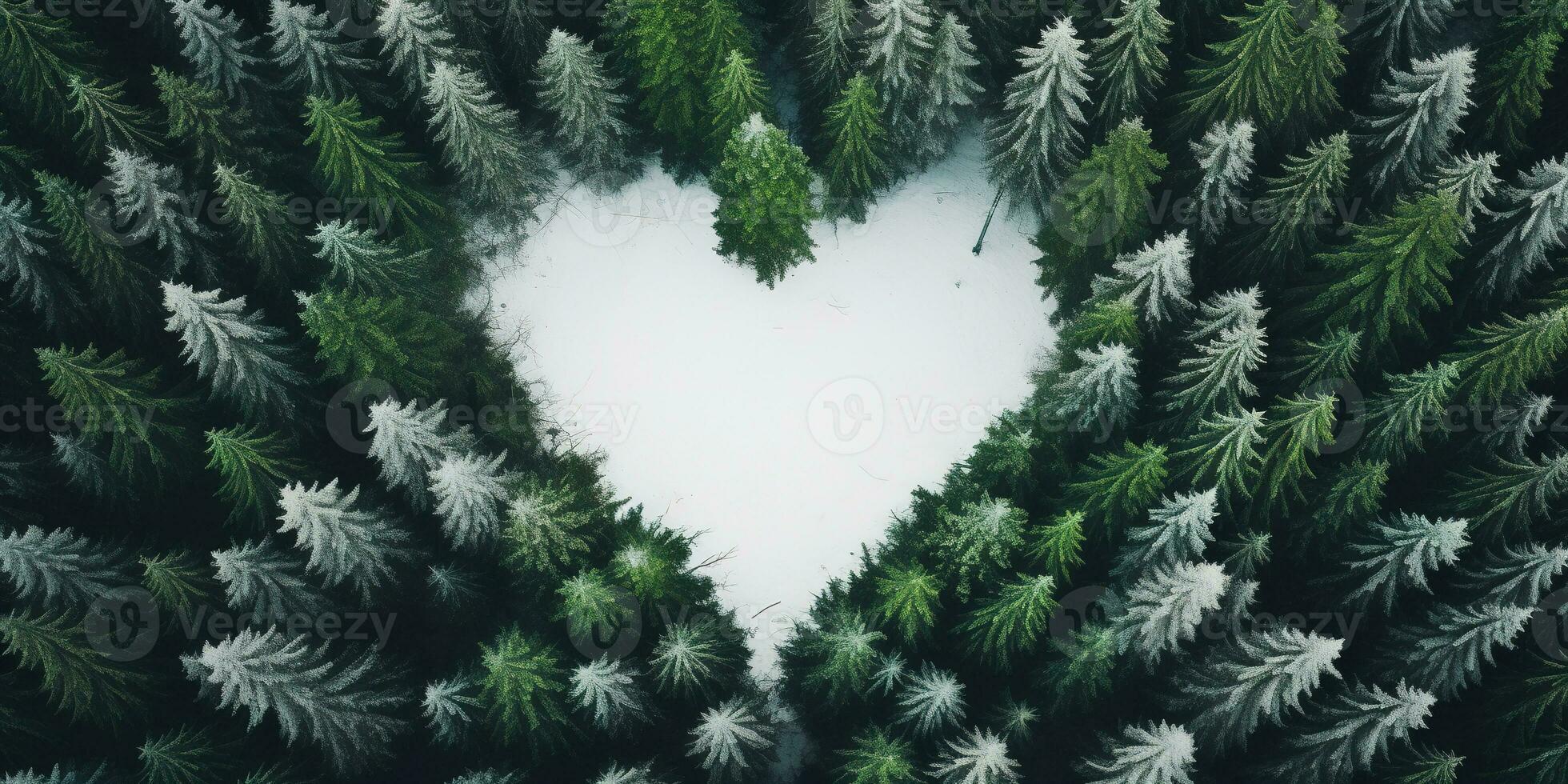 generativ ai, neblig Winter Tanne Wald mit Herz Form, schön Landschaft im Hipster Jahrgang retro Stil, immergrün Bäume mit Show foto