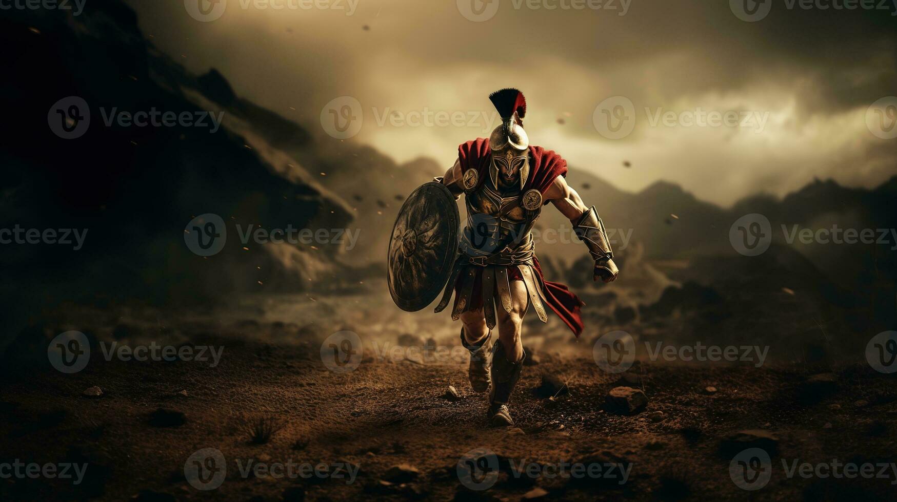 generativ ai, realistisch Illustration von ein heftig Gladiator angreifen, Betrieb. gepanzert römisch Gladiator im Kampf schwingen ein Schwert Laden gegenüber seine Feind. foto