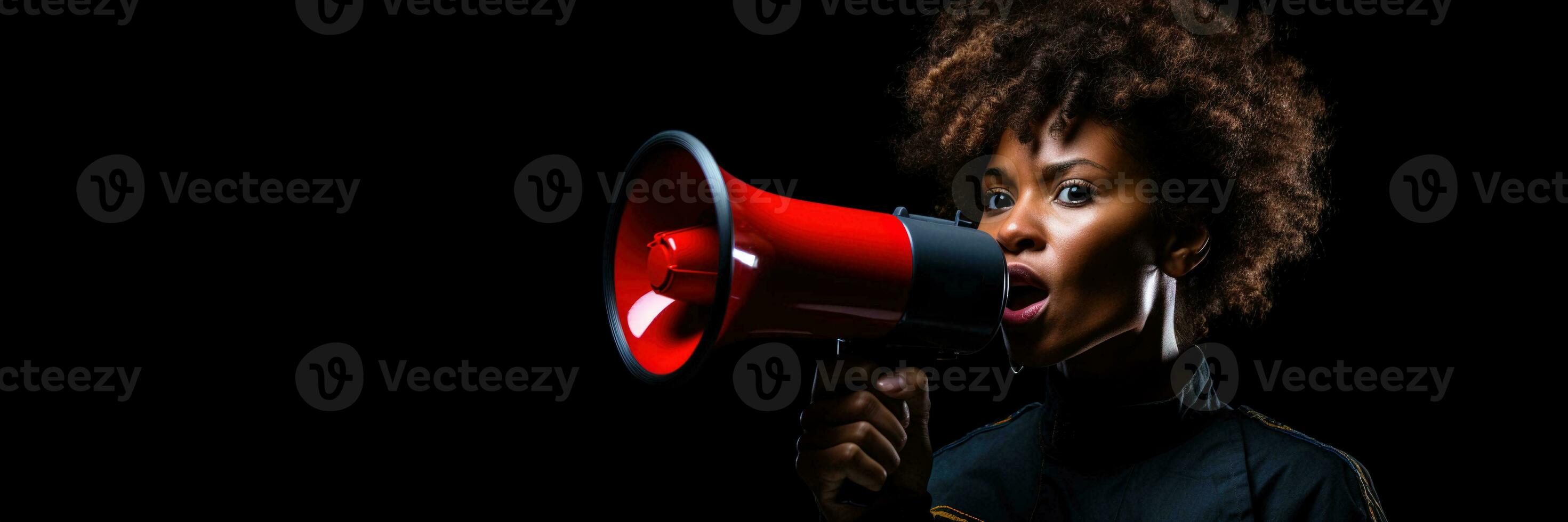 generativ ai, Studio Schuss von afrikanisch Frau mit ein Megaphon gegen ein schwarz Hintergrund, ein mächtig Erklärung foto