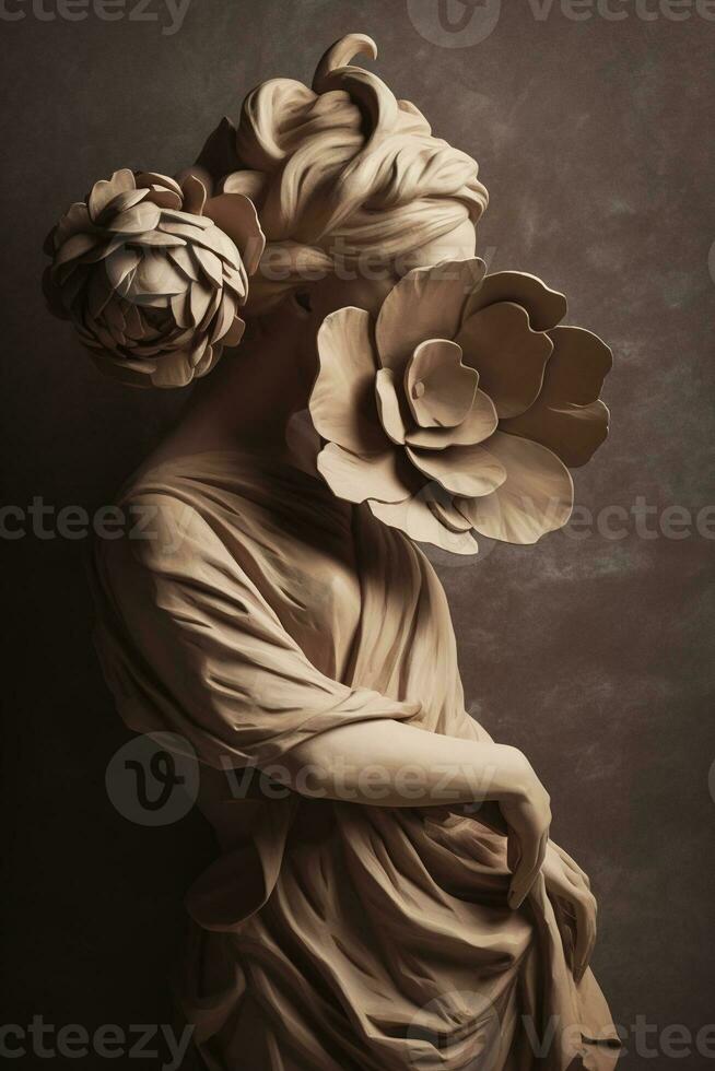 generativ ai, fotorealistisch Antiquität Skulptur und Blumen, stumm geschaltet neutral Farben, 3d Stil Keramik Statue foto