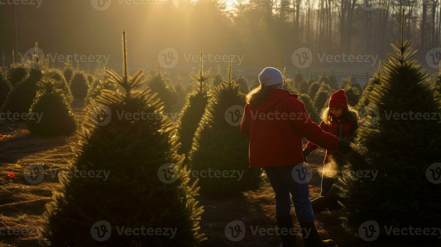 ai generativ Paare suchen und Schneiden zusammen das richtig Kiefer Baum zum Weihnachten, früh Morgen Sonnenschein foto