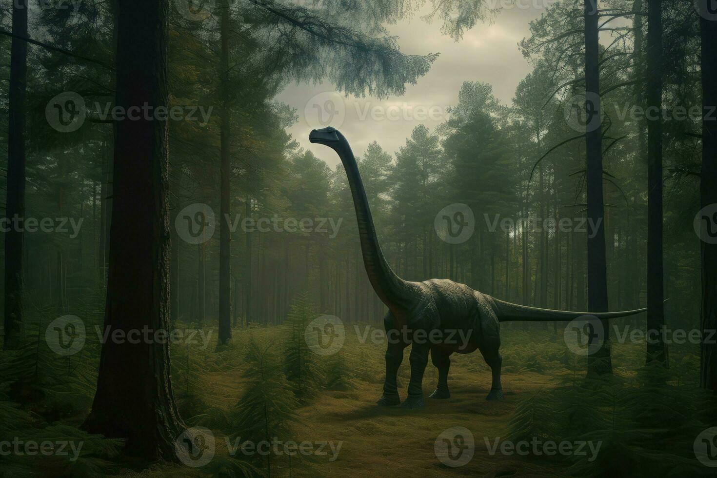 Brachiosaurus Gehen im Kiefern Wald. generieren ai foto