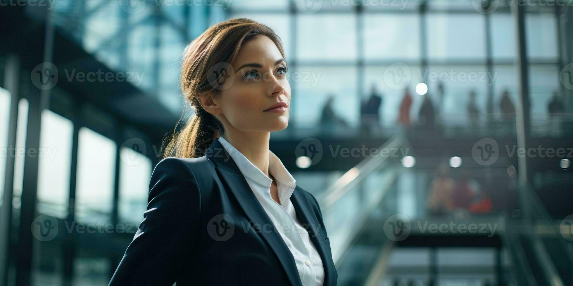schön Geschäft Frau im passen suchen Weg während Stehen im modern Büro. ai generiert. foto