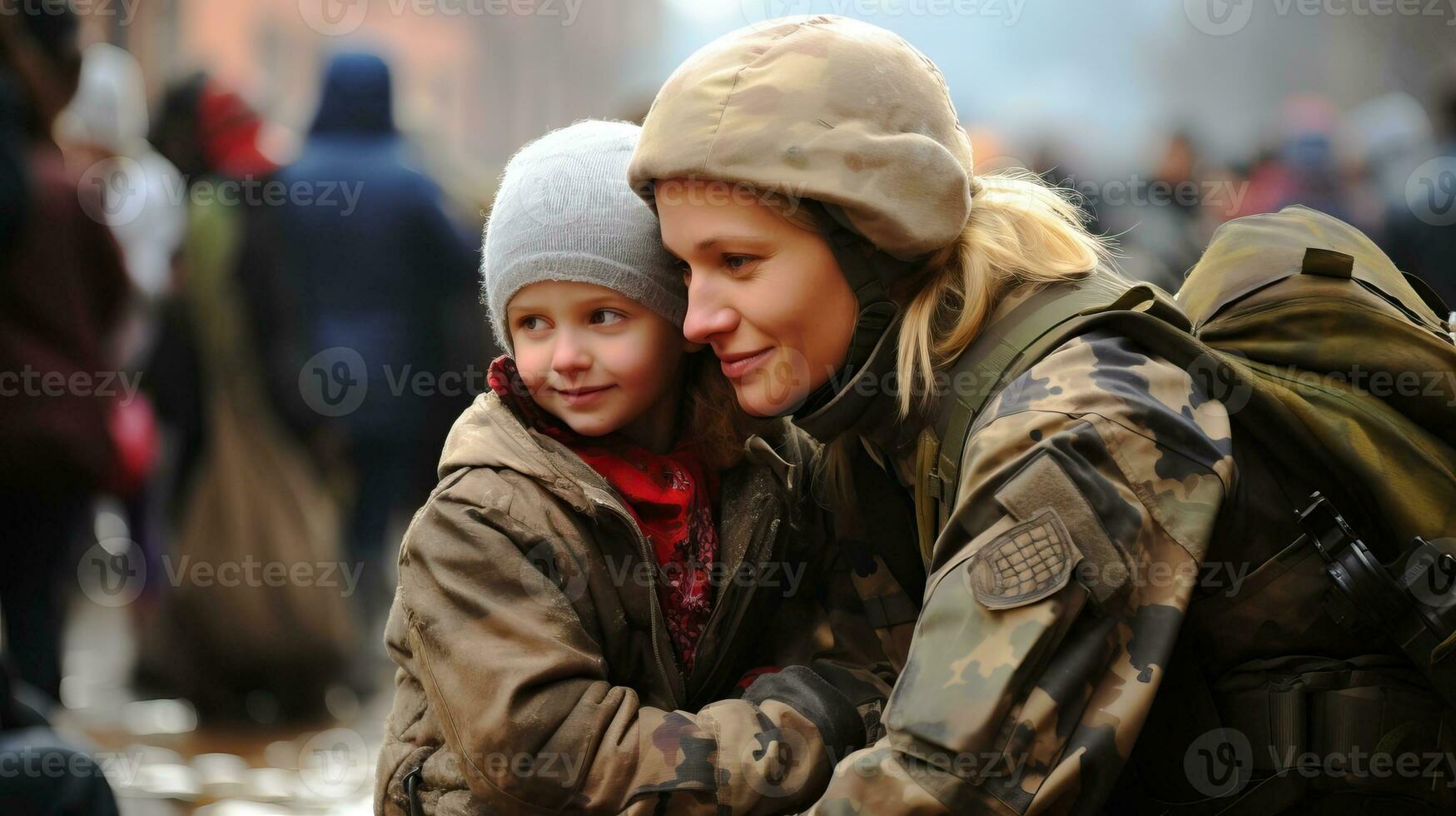 weiblich medizinisch Soldat umarmen ihr Kind. ai generiert. foto