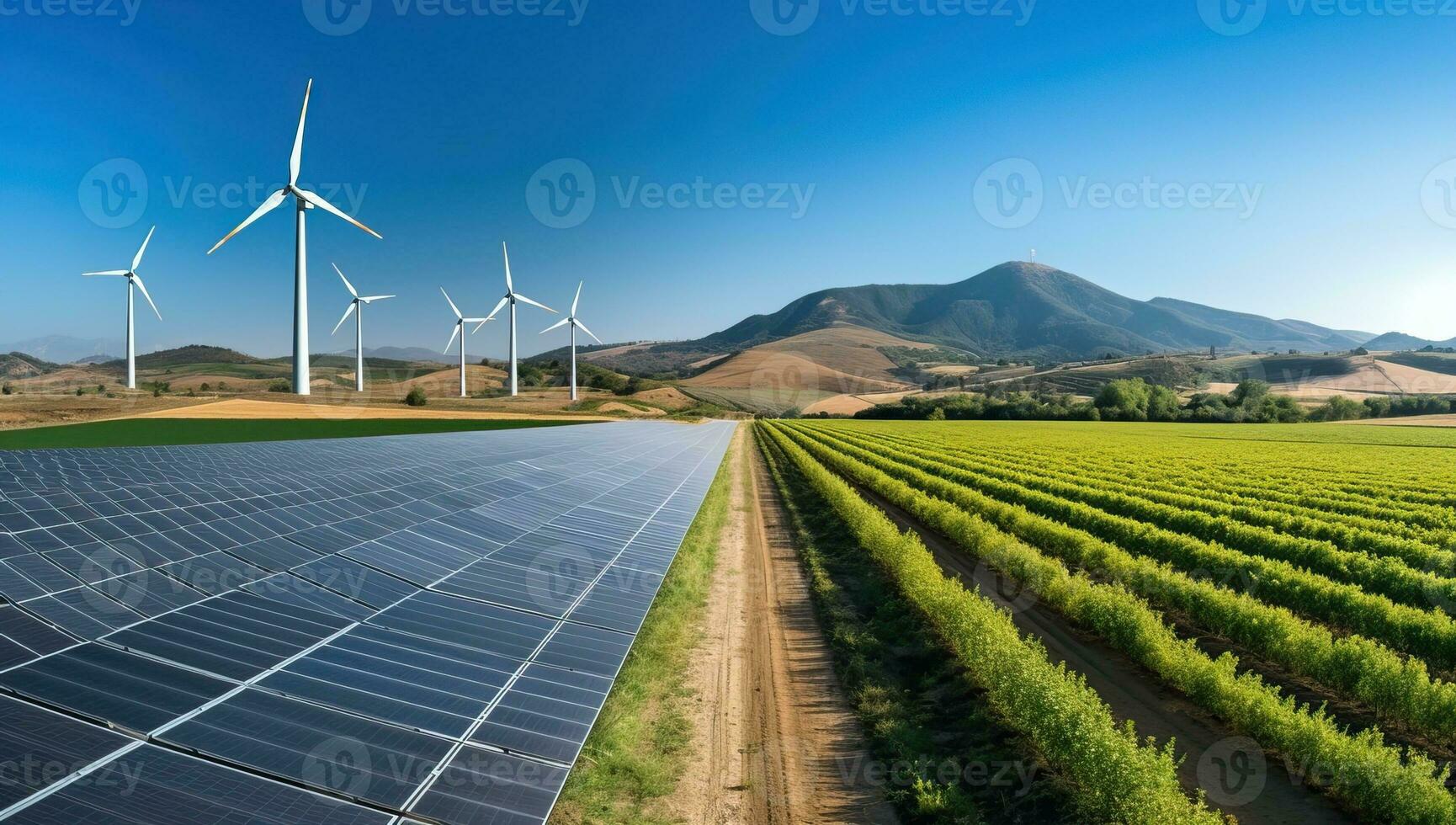 Solar- Energie Paneele und Wind Turbinen im das Landschaft. ai generiert. foto