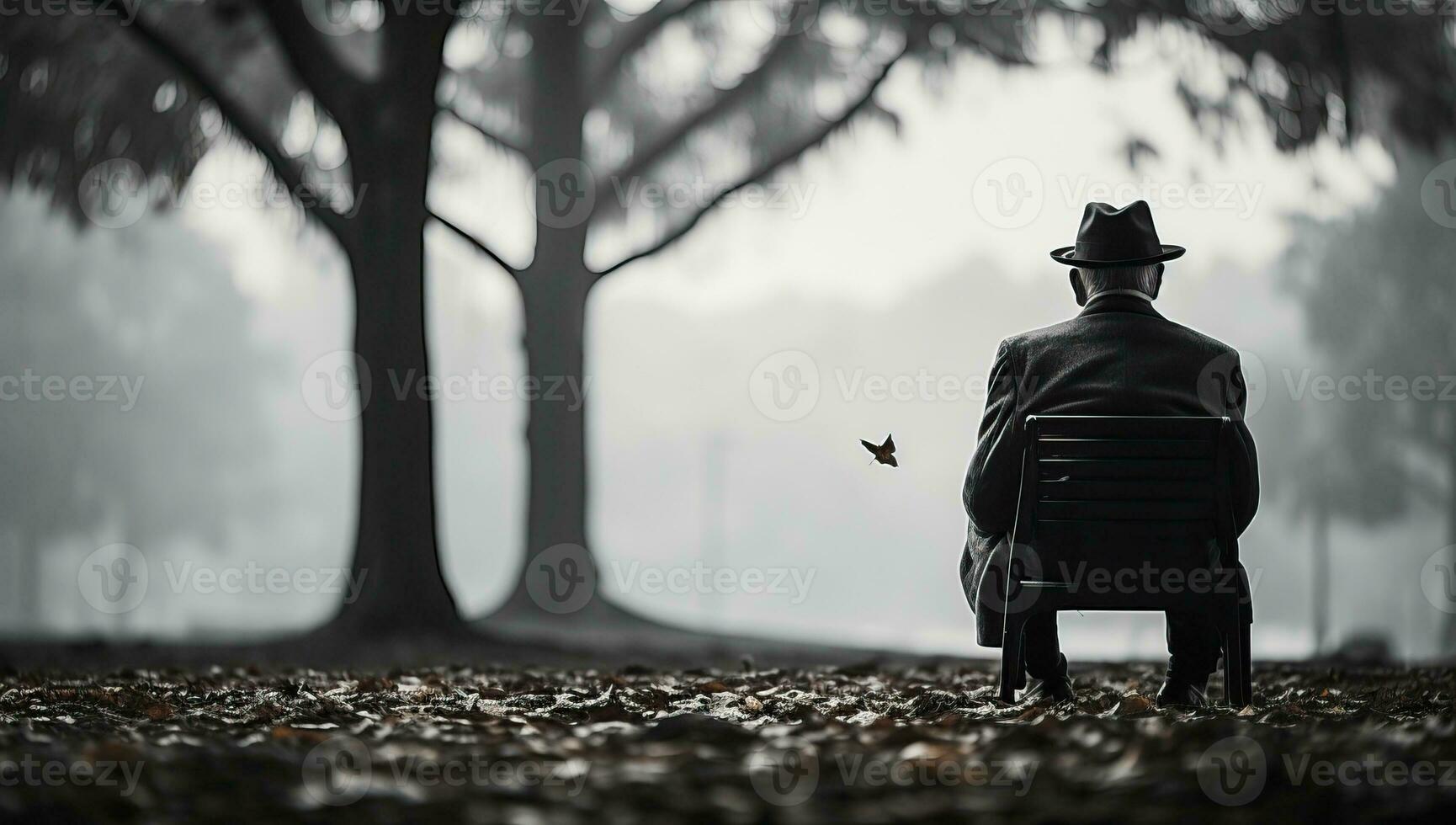 Mann im Hut Sitzung auf ein Stuhl im ein nebelig Wald ai generiert foto