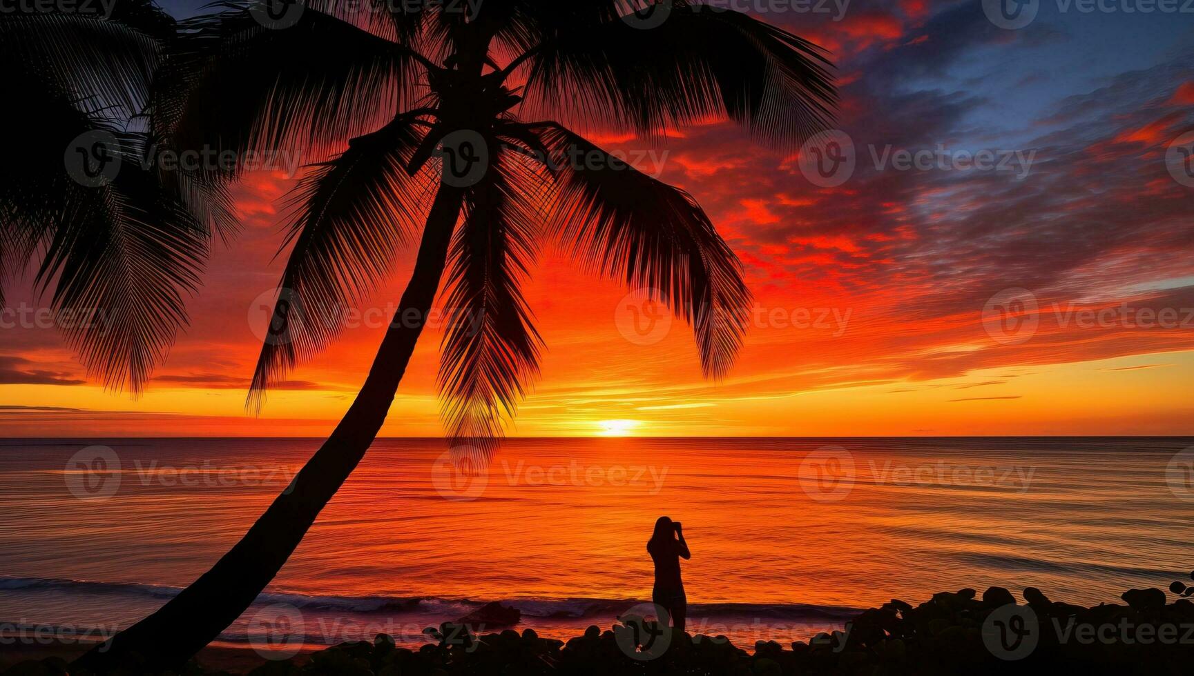 Silhouette von ein Frau beim Sonnenuntergang auf ein tropisch Strand. ai generiert. foto