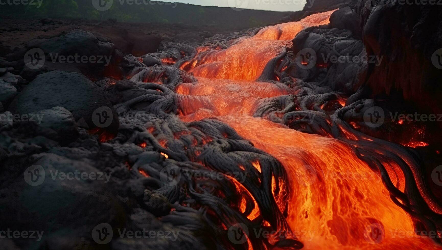 vulkanisch Eruption. Lava fließen ai generiert foto