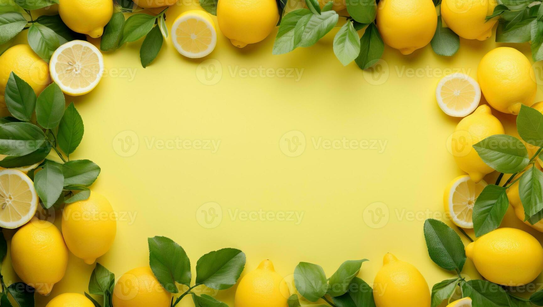 Rahmen gemacht von Zitronen mit Blätter auf Gelb Hintergrund, oben Aussicht ai generiert foto