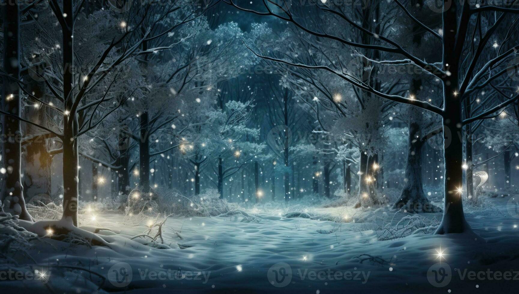 Winter Wald beim Nacht mit Bäume und Schneeflocken ai generiert foto
