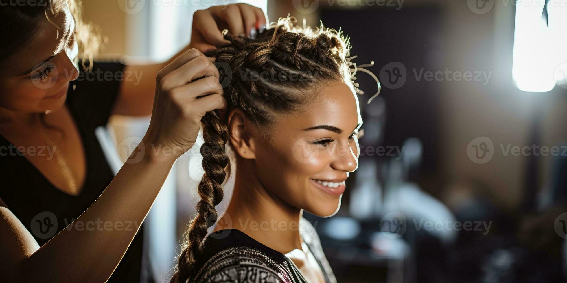 Porträt von schön jung Frau bekommen ihr Haar geflochten im ein Schönheit Salon. ai generiert. foto