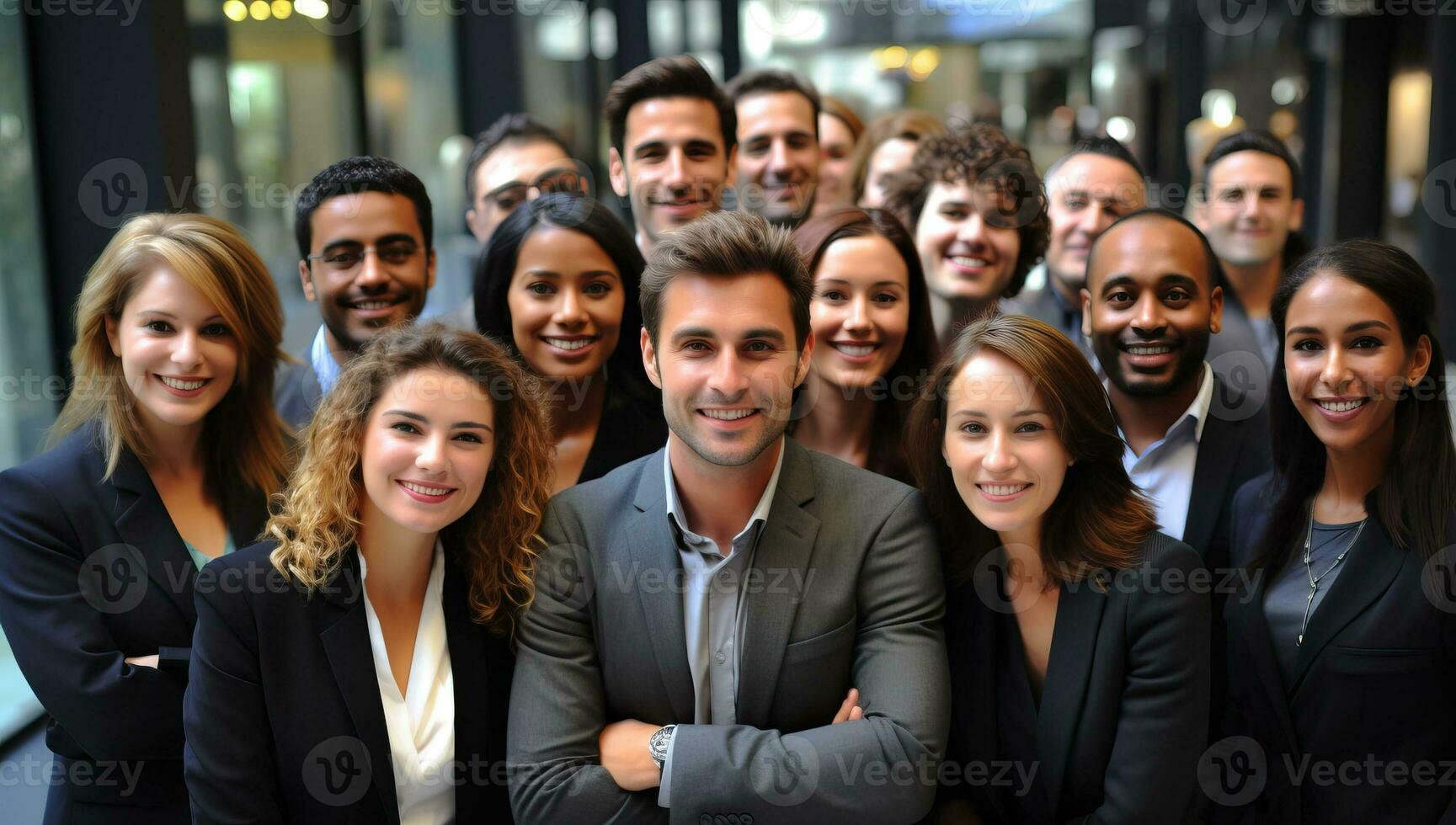 Porträt von ein Gruppe von lächelnd Geschäft Menschen Stehen im ein Reihe. ai generiert. foto