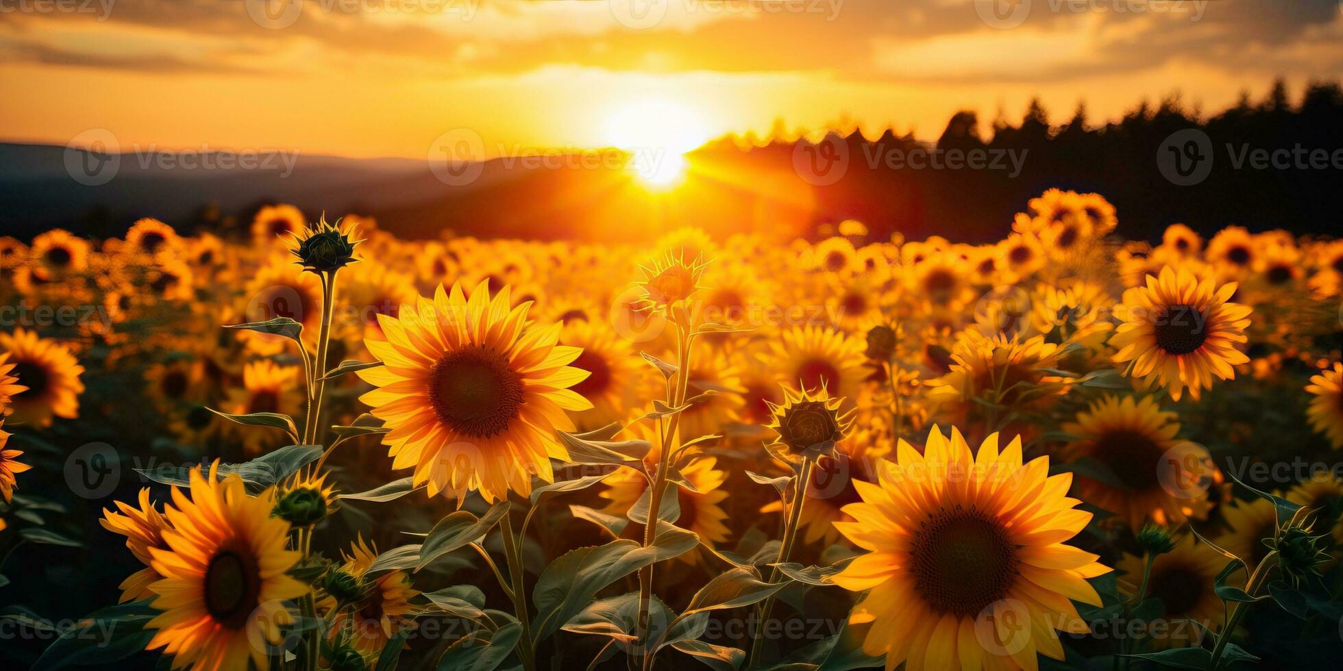 Sonnenuntergang glühen Über Sonnenblume Feld ai generiert foto