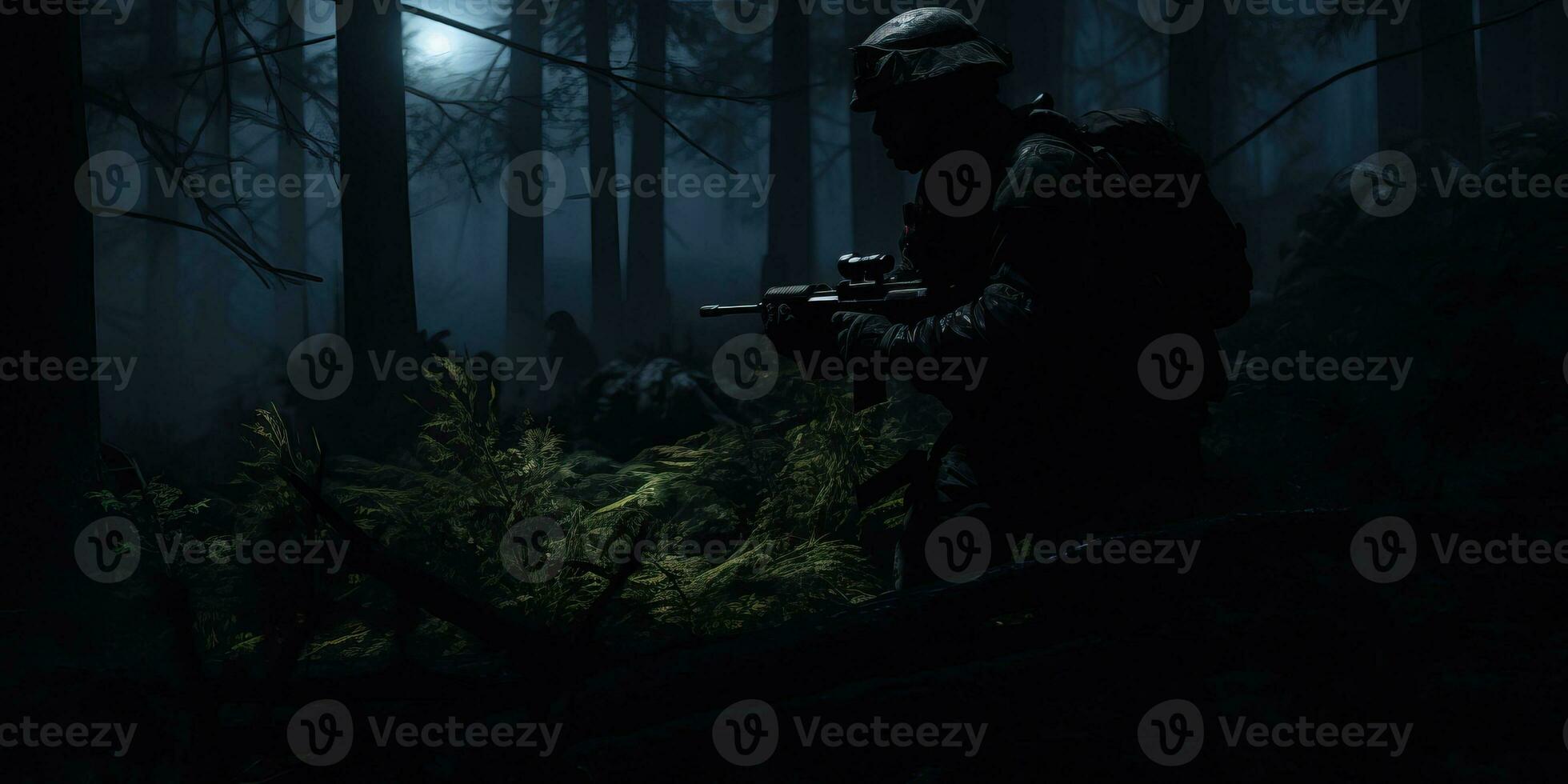 Aussicht von ein Soldat im das dunkel Wald beim Nacht ai generiert foto