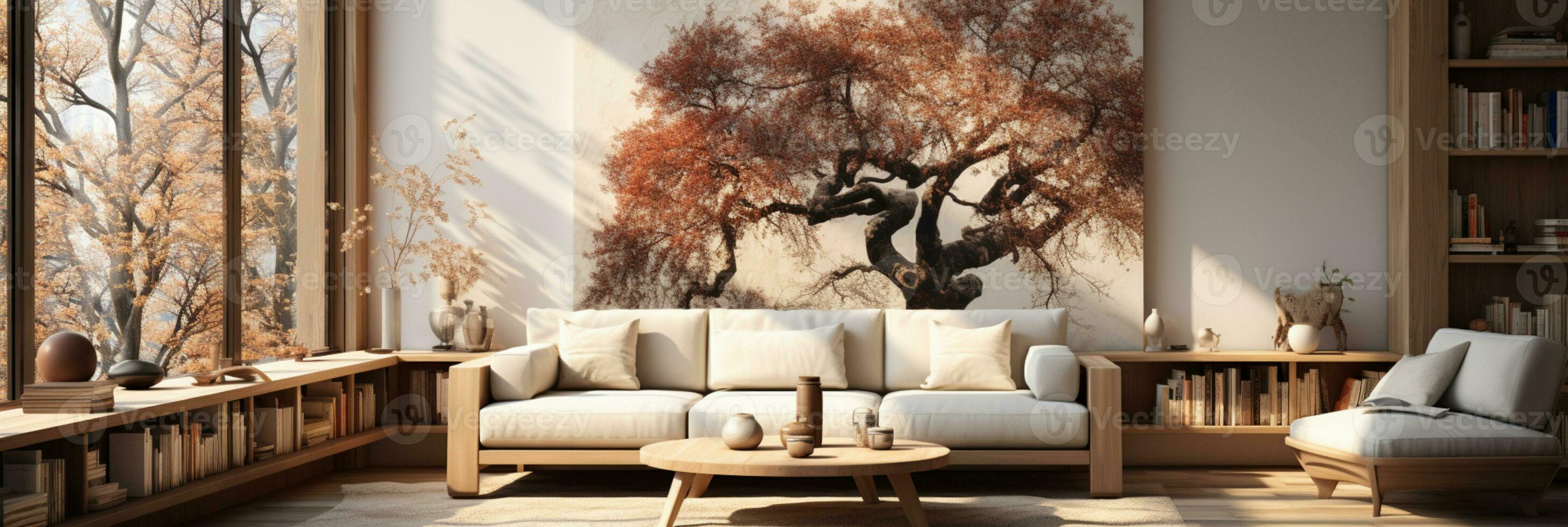 Innere Design, minimalistisch Leben Zimmer mit heiter Natur Sicht, schön Villa Design im das Wald, ai generativ foto