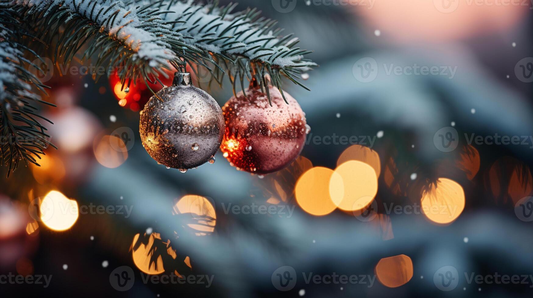 schließen oben von beleuchtet Weihnachten Baum Ornament, Winter Ferien Dekoration, Kopieren Raum, Gruß Karte, ai generativ foto