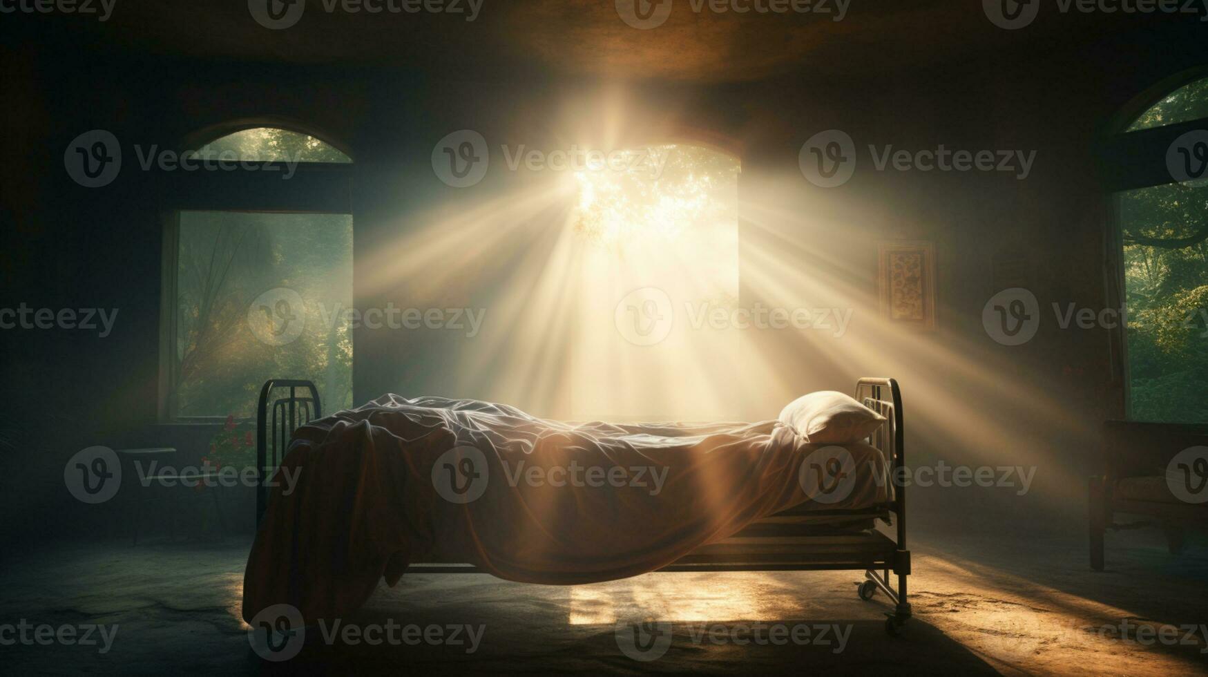 Sonnenlicht leuchtenden durch auf zu ein Bett, religiös Landschaft, ai generativ foto