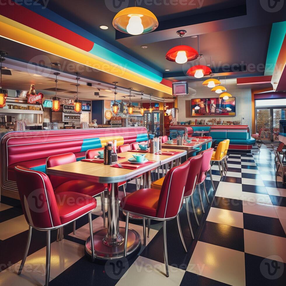 retro Jahrgang Abendessen Restaurant, Innere Design, stilvoll alt gestaltet Design Konzept, ai generativ foto