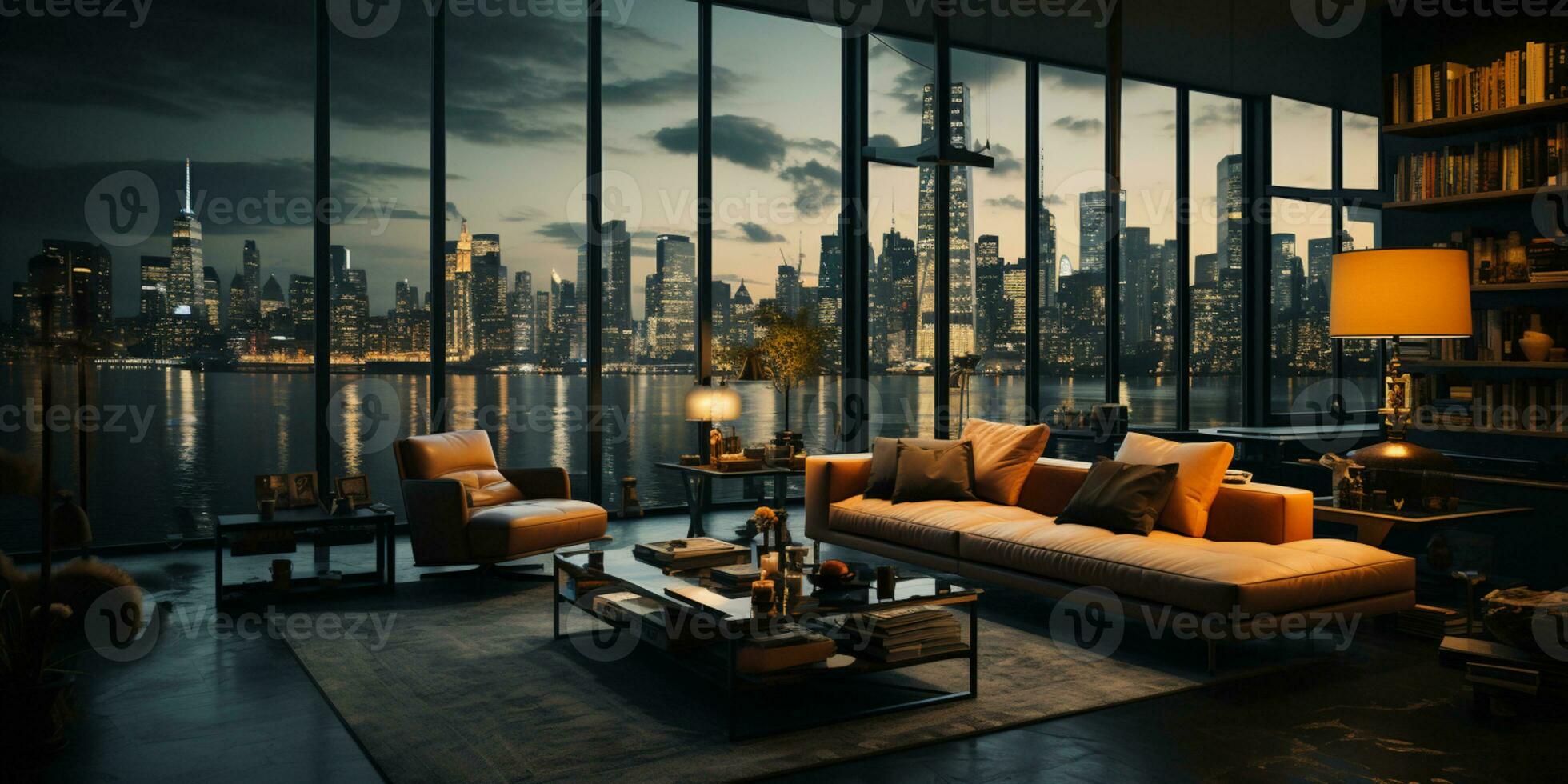 Innere Design modern Leben Zimmer, Fenster Show atemberaubend Aussicht von das Stadt Horizont, leeren Zimmer Wohnung, ai generativ foto