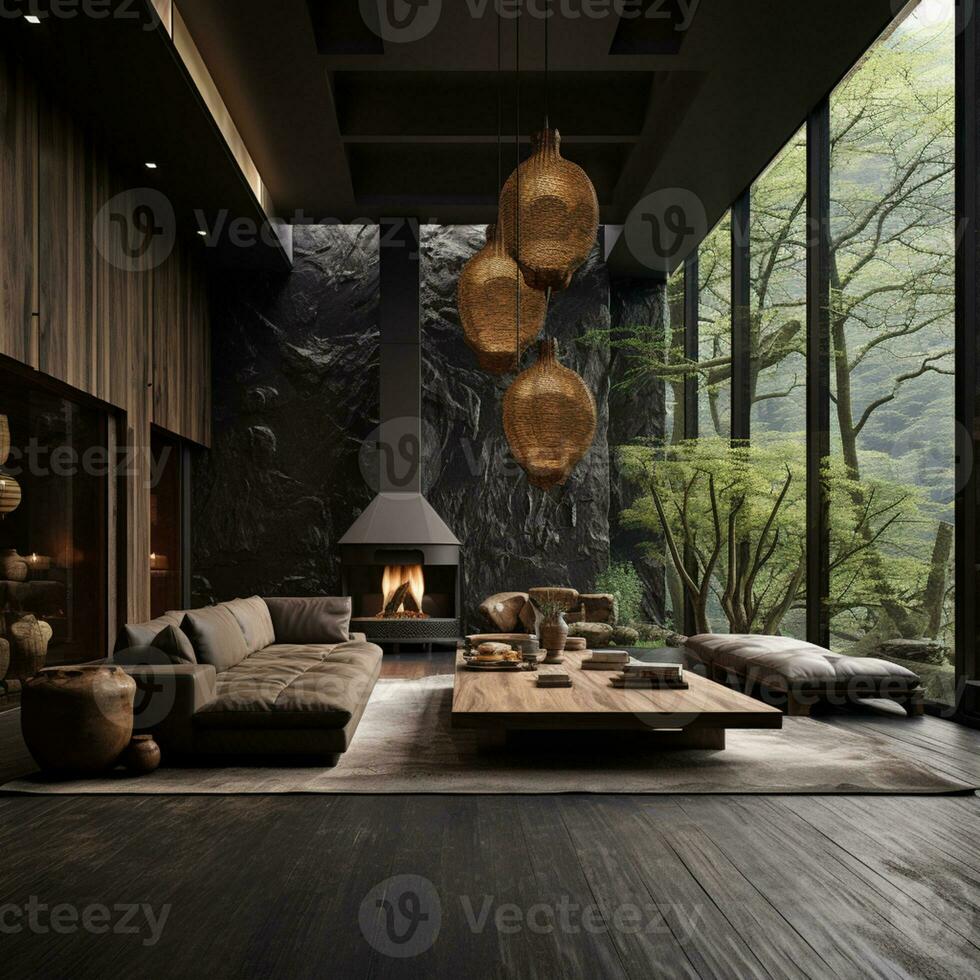 Innere Design, Leben Zimmer mit heiter Natur Sicht, schön Villa Design im das Wald, ai generativ foto