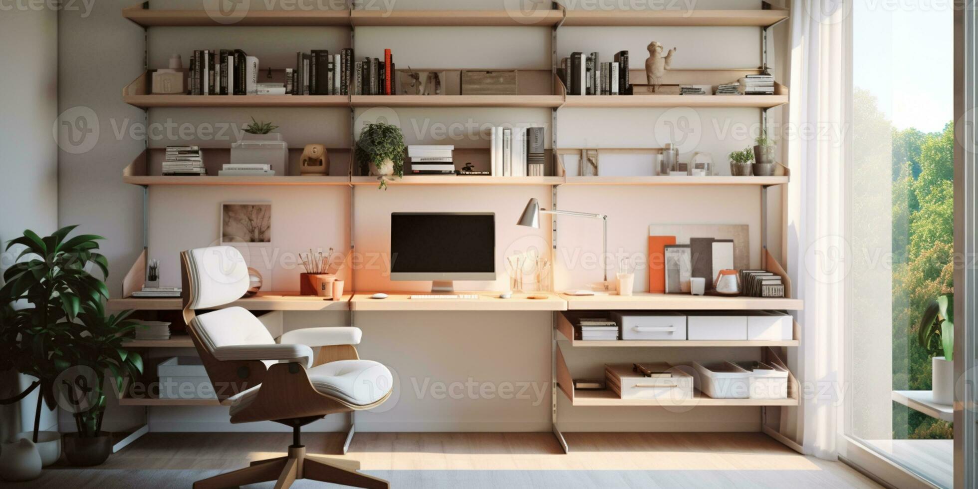 zeitgenössisch möbliert Zuhause Büro, komfortabel Büro, Arbeitsplatz mit Schreibtisch und Stuhl, stilvoll Innere Design, ai generativ foto