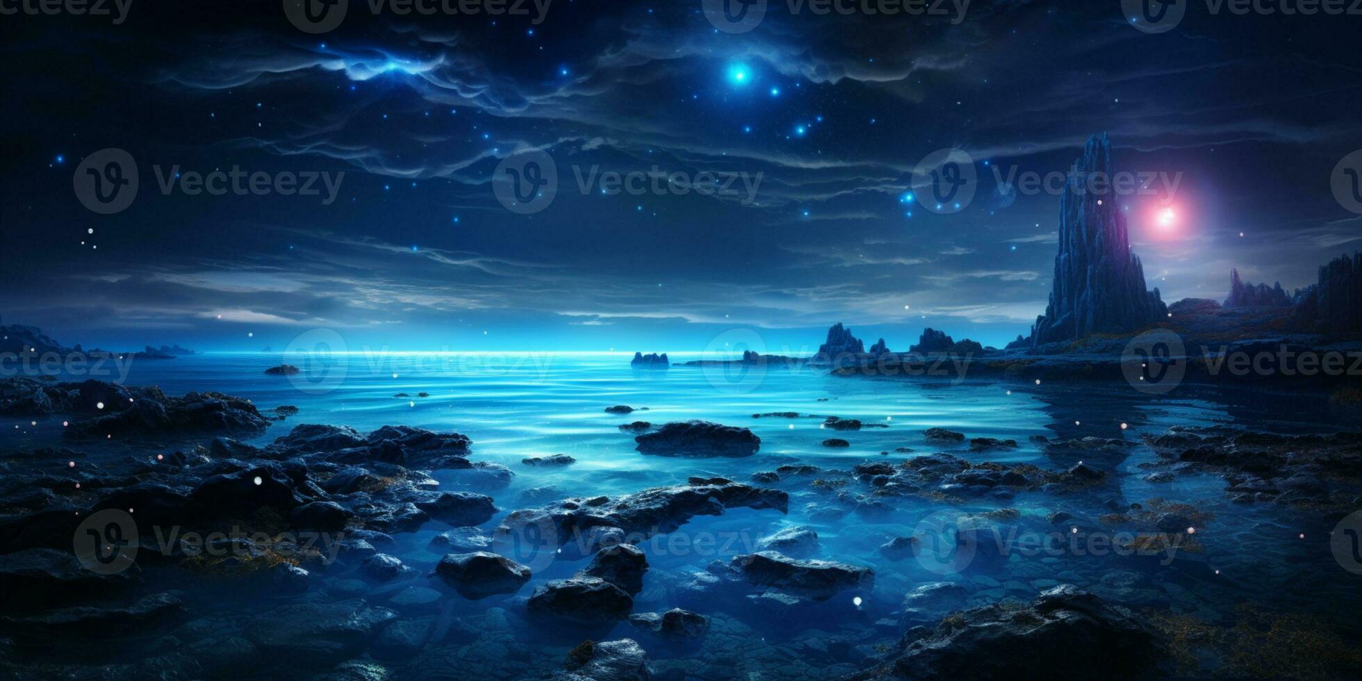 Fantasie Meereslandschaft, Nacht Aussicht von das Ozean, glühend Meer, schön sternenklar Nacht Himmel, verträumt Atmosphäre, ai generativ foto
