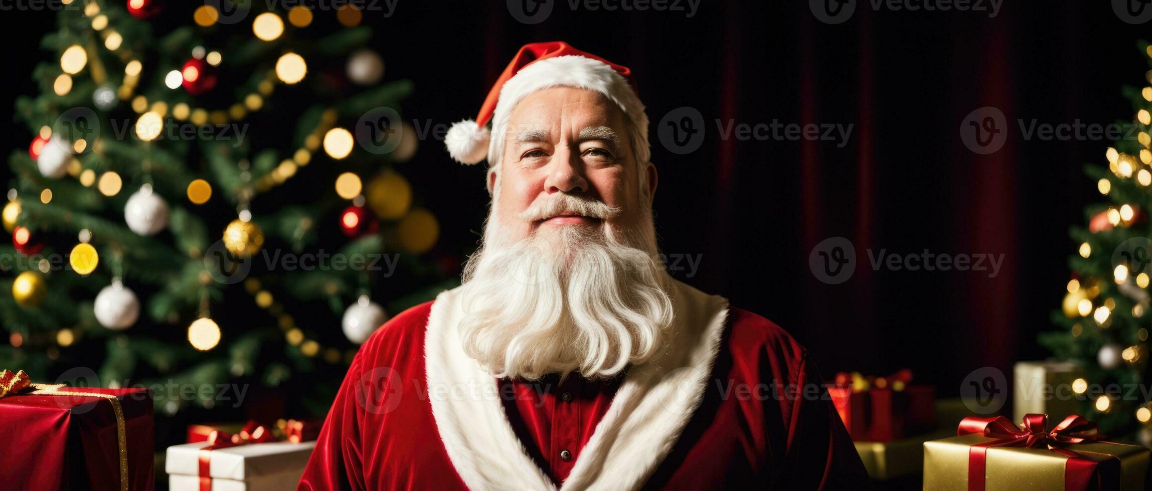 Santa lächelnd im Weihnachten mit Geschenke und Weihnachten Baum, ai generiert foto