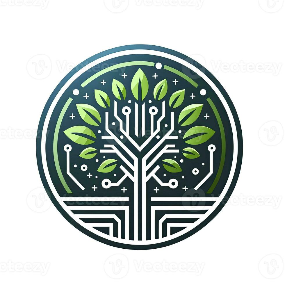 ein kreisförmig Emblem mit ein abstrakt Baum Das Mischungen Elemente von Natur und Digital Technologie, geeignet zum Öko-Technologie Marken oder Startups. ai generiert foto