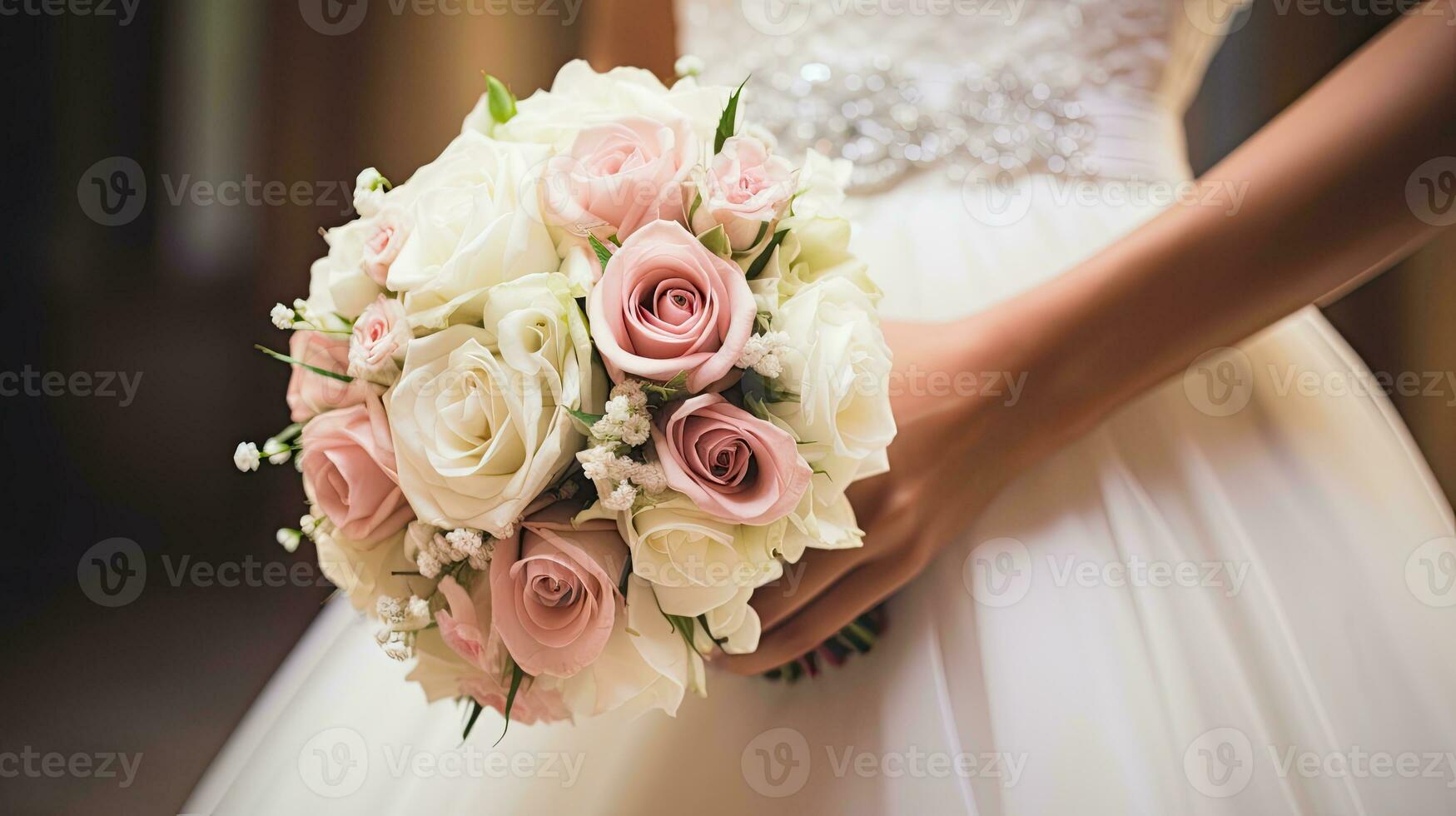 Hochzeit Strauß von Blumen, Braut halten Blumen, ai generiert foto