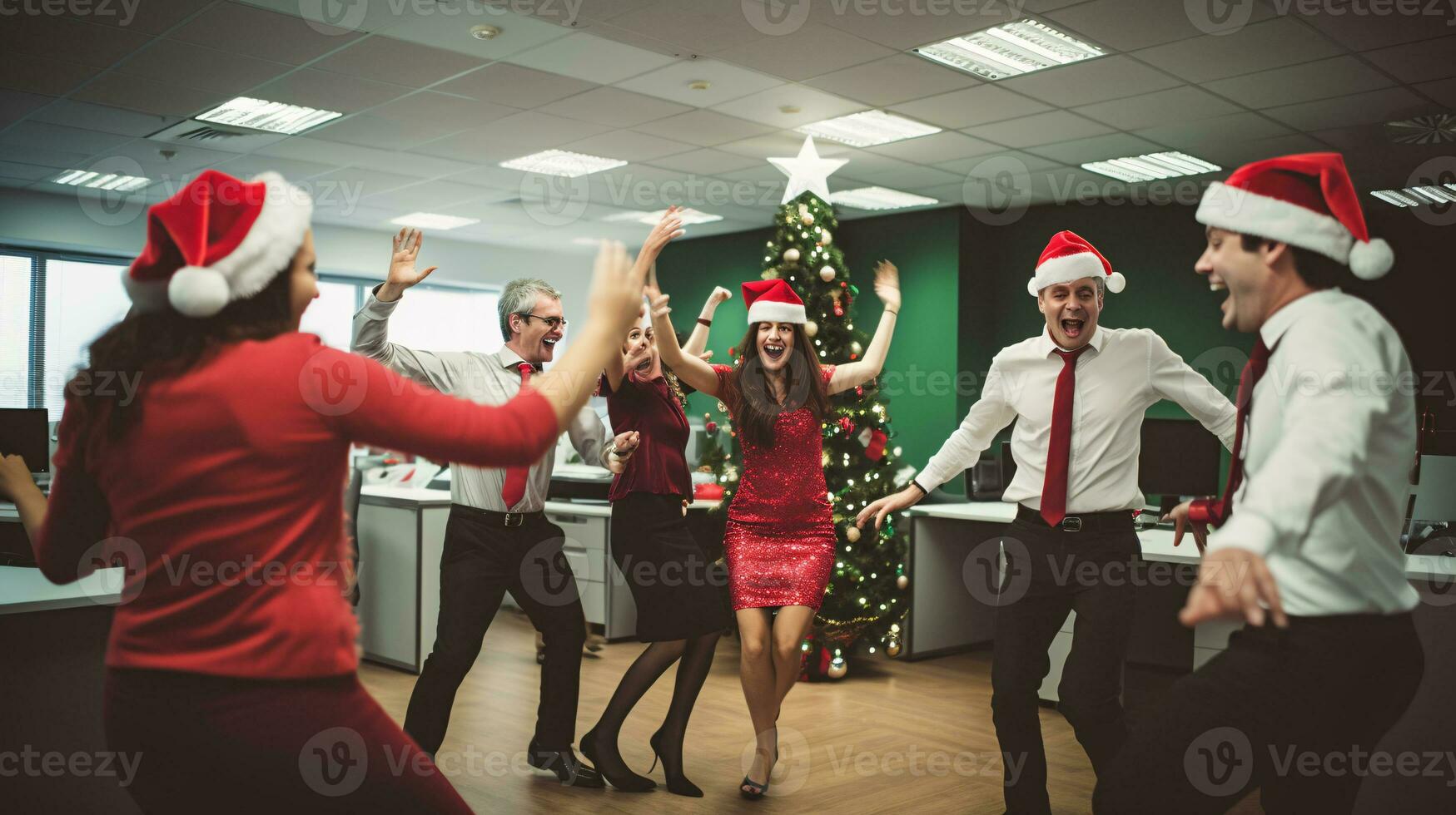 ai generativ Geschäft Menschen im Weihnachten Büro Sozial sammeln, treffen, Party foto