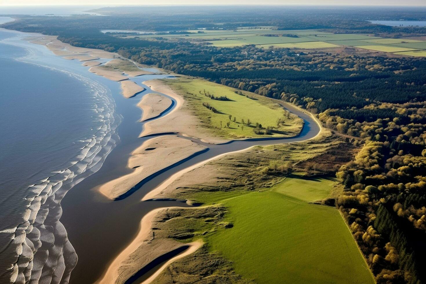 Antenne Aussicht von baltisch Meer Küste mit Sand Dünen und sandig Strand. generativ ai ai generiert foto
